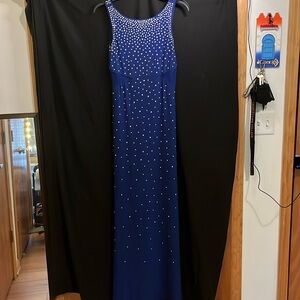 Royal blue floor length gown with rhinestones.